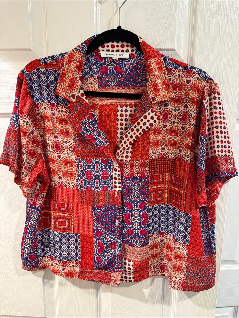 Rose & Olive Women's Red and Blue Patchwork Button-Front Shirt